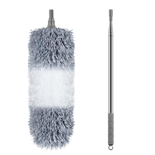 Microfiber Feather Duster, 110 Inch Extendable Telescoping Pole Duster with Bendable Washable Head, Long Handle Cleaning Duster for Ceiling Fan, High Ceiling, Blinds, Furniture and Cars(Gray)