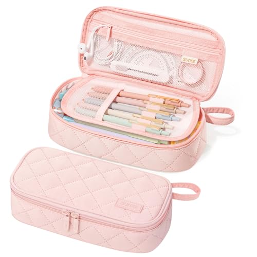 Cute Pencil Case, Large Capacity Pencil Pouch Aesthetic Zipper Pencil Bag, Big Storage Pen Organizer for Stationery, Soft Quilted Pencil Box Back to School Supplies for Teen Girls Boys,Soft Pink