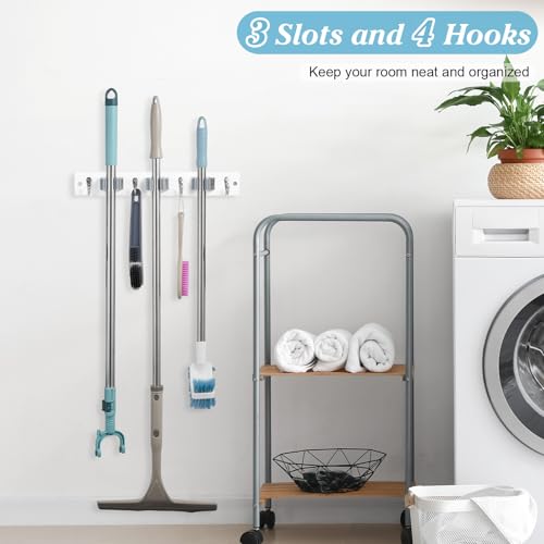 White Broom Holder Wall Mount - Heavy Duty Wood Mop and Broom Organizer with 3 Slots & 4 Hooks - Garden Tool Hanger for Laundry Room Closet Kitchen Garage Storage and Organization - Modern Home Decor - view 2
