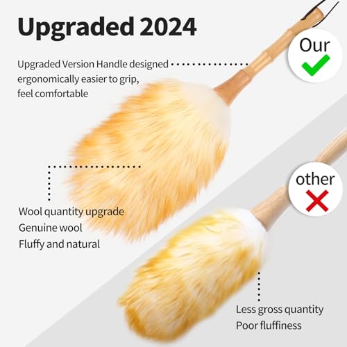 Feather Duster, Lambswool Duster for Cleaning,with Solid Wooden Handle,Leather Hang Strap,Anti-Static 14.9 inch Washable Reusable Small Hand Duster(Natural) for Office, Home and Car - view 3