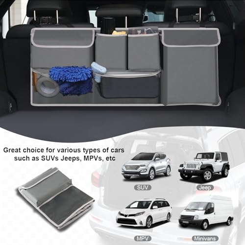 Trunk Hanging Organizer, Backseat Storage Bag, Collapsible Car Interior Accessories with 4 Pockets & 2 Mesh Pouches for Tools, Provide More Storage Trunk Space for SUV, Jeep, MPVs (Grey) - view 7