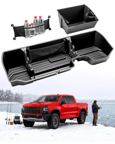 Truck Underseat Storage for Silverado Sierra: 2019-2026 Crew/Double Cab, Rear Under Seat Organizer Tool Box Car Accessory for Chevy Silverado & GMC Sierra 1500 2500HD 3500HD (w/ Detach Bin & Mesh Net)