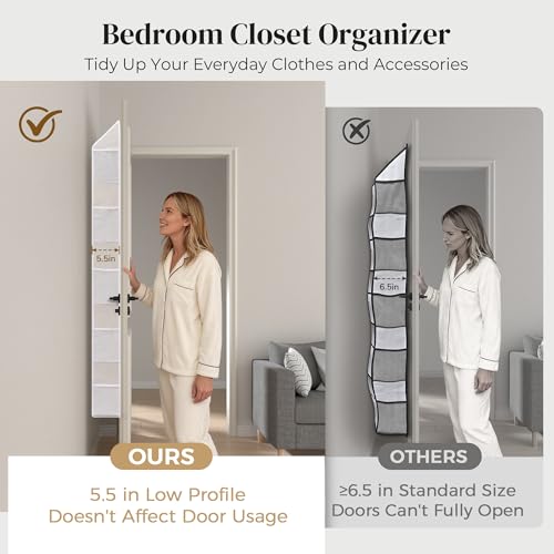 5 Tiers Natural Bamboo Over Door Organizer with 10 Mesh Side Pockets, 50 lbs Weight Capacity Hanging Storage Organizer with Clear Window Kids Toys, Shoes, Diapers, Warm Beige - view 6