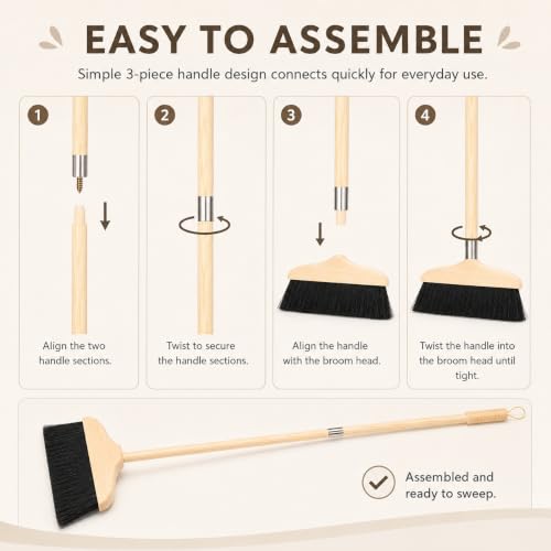 Horsehair Broom for Hardwood Floors, Soft Bristle Indoor Sweeping Brush with Pine Wood Head, Anti-Static Dust Remover for Home Kitchen, 37 Inch Wood Long Handl - view 6