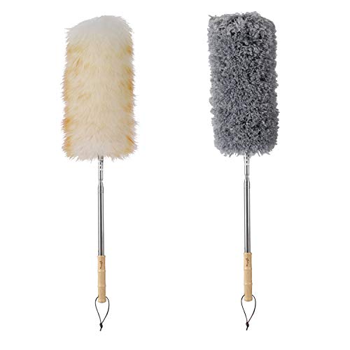 Lambswool and Microfiber Duster, 2 Counts, Long Reach/Extendable Duster Up to 86" for Cleaning High Ceiling Fan, Interior Roof, Cobweb, Keyboard, Furniture