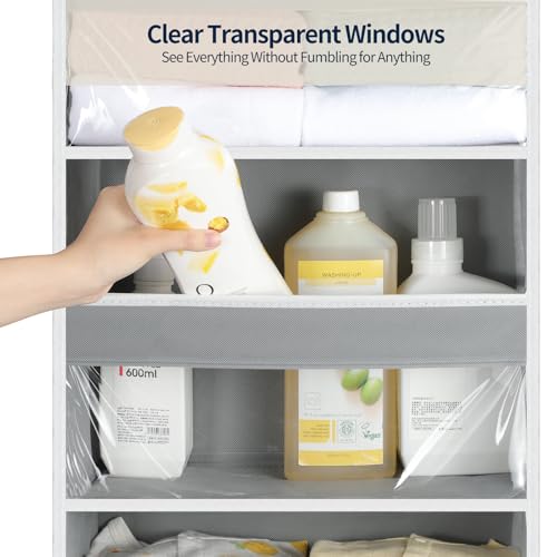Over the Door Organizer 5 Tiers, Heavy Duty Hanging Storage with 5 Large Clear PVC Pockets and 10 Side Pockets, 56lbs Capacity for Closet Door Bathroom Bedroom Nursery Dorm Laundry Room, Grey - view 6