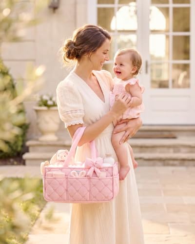 Baby Diaper Caddy Organizer, Nursery Basket, Bow Light Pink - view 7