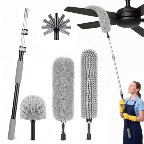 Cobweb Duster Kit with Extension Pole, 110-Inch Reach High Ceiling Fan Duster, Spider Web Brush with Telescoping Pole, Bendable Microfiber Duster for Wall Edges, Corners & Hard-to-Reach Areas