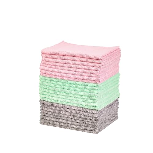 Microfiber Cleaning Cloths, Ultra-Soft and Highly Absorbent, Streak-Free, Lint-Free, Scratch-Free, Washable, for Car Detailing and Glass Cleaning, 16" x 12", Green/Gray/Pink, 24-Pack