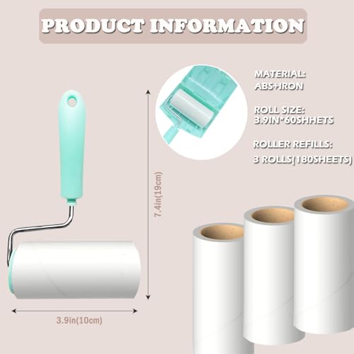 Lint Roller Remover with 180 Sheets, Pet Hair Remover Extra Sticky Roller Hair Dust Remover for Clothes, Furniture, Travel Household 1 Handle+3 Rollers Dog &Cat Hair Removal Green - view 2