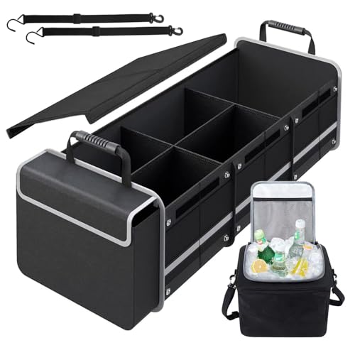 Car Trunk Organizer with Insulated Cooler Bag, Foldable & Waterproof Storage Organizer with Lid for SUV, Truck, Sedan - 4 Large Adjustable Compartments, Heavy Duty & Collapsible Design
