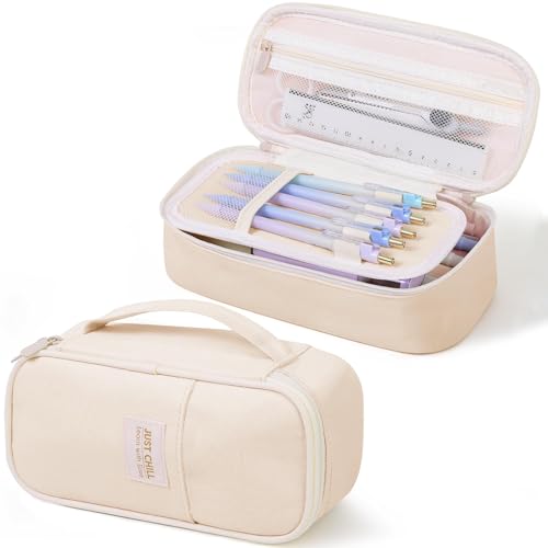 Beige Pencil Case for Girls & Boys – Large Capacity Zippered Pencil Pouch with Multi-Compartment, Aesthetic Pencil Bag for School & Office Supplies