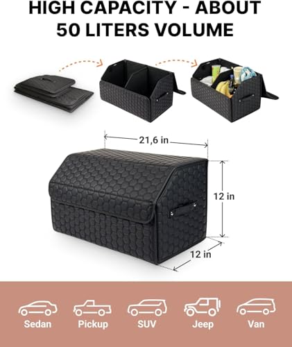 Trunk Organizer for Car, Lid, PU Leather, 21.6in 50L, 1pc, Black - view 3
