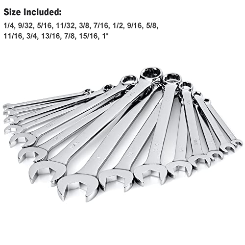 Max Torque 15-Piece Premium Combination Wrench Set, Complete SAE Inch Sizes from 1/4” to 1” with Rack Organizer | Cr-V Steel, Mirror Chrome Finish, Long Pattern, V-Groove Open End and 12-Point Box End - view 2