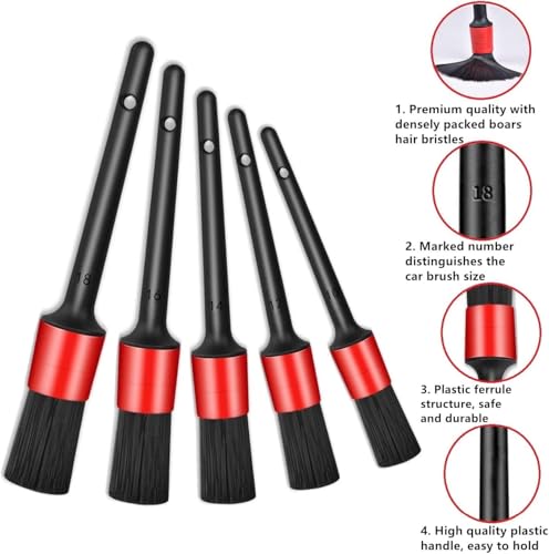 11Pcs Auto Detailing Set, Boar Hair Brushes, Steel Wire & A/C Brushes, Red, Soft Bristles, Wood Handles for Cleaning Interior, Exterior, Leather, 6 Sizes - view 2