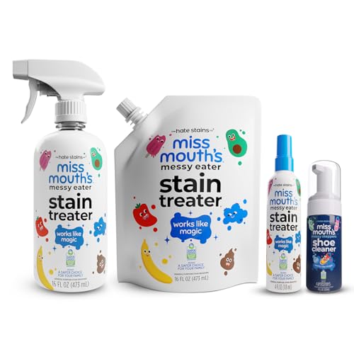 Messy Eater Stain Treater and Messy Steppers Shoe Cleaner Kit - 16oz Stain Remover Spray + Refill + Foaming Sneaker Cleaner - Laundry, Carpet, Upholstery, Shoes