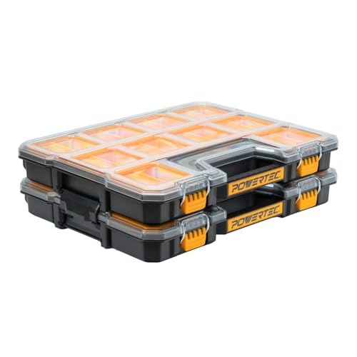 Small Parts Organizer & Tool Box – 20 Compartments, IP65 Water & Dust Protection, Stackable Storage with Interlocking Latch, Removable Bin, Divider, Clear Lid, Portable Design, 2PK (72366-P2)