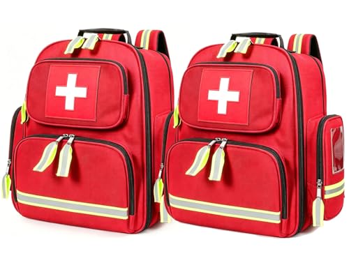 First Aid Backpack - Multi Pocket Emergency Medical Bag for Camping, Trip, Go Bag, Sports Medicine, Trauma (Red, Pack of 2)