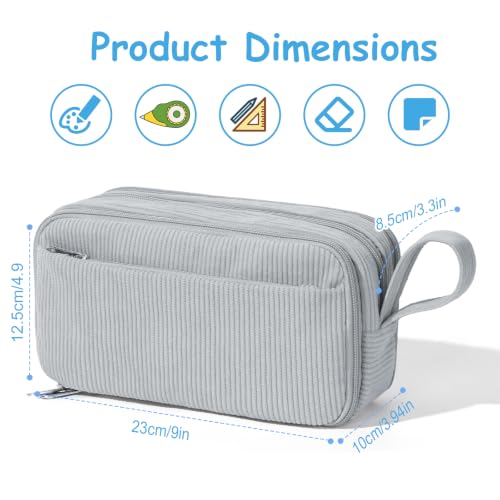 Grey Corduroy Pencil Case, Large Capacity Zipper Pouch, Gray, Casual Style, Supplies Organizer for Teen Girls and Boys - view 3
