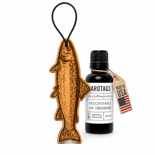 Trout Car Air Freshener Kit, Cool Breeze Scent, Refillable Wood Hanging Diffuser with 30 mL Fragrance Oil