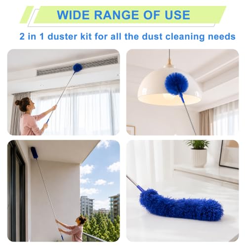 Cobweb Duster with Extension Pole, Spider Web Brush, 100" Microfiber Feather Duster, Washable Cleaning Kit for Ceiling Fan, Furniture, Home, Blue - view 5