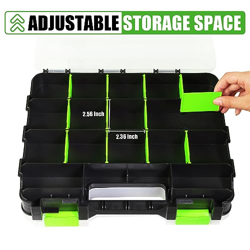 Tool Box with Transparent Lid, Double Side 34-Compartments Organizer Box with Removable Dividers for Hardware, Screws, Bolts, Nails, Beads, Jewelry and Fishing Accessories, Green, 2 Packs - view 3
