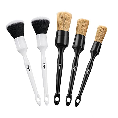 5 Pack Detailing Brush Set Bundle (3 Natural Boars Hair Brushes + 2 Ultra Soft Brushes)