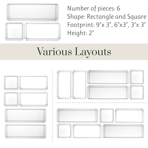SimpleSort Drawer Organizer Bins 6 pc Set, Multi-size, Bathroom Organizers and Storage, Makeup Organizer, Desk Organizer, Vanity Organizer, Clear Organizing Containers, Made in USA - view 5