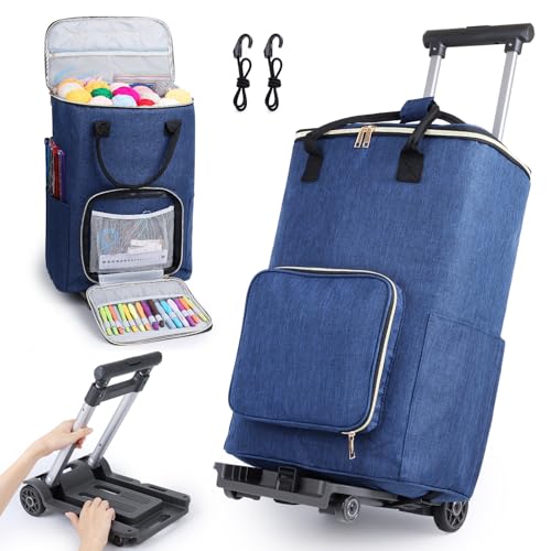 Portable Crochet Bag, Extra Large Yarn Storage for Crochet Accessories and Supplies, Yarn Bags with Wheels and Telescoping Handle, Durable Knitting Bag for Craft Enthusiasts