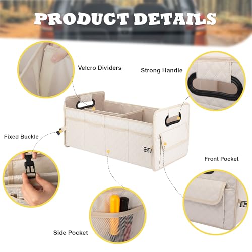 Car Trunk Organizer for SUV, Car Storage Organizer Collapsible Multi Compartment Container Box Adjustable Car Accessories for Women Men, Beige - view 2