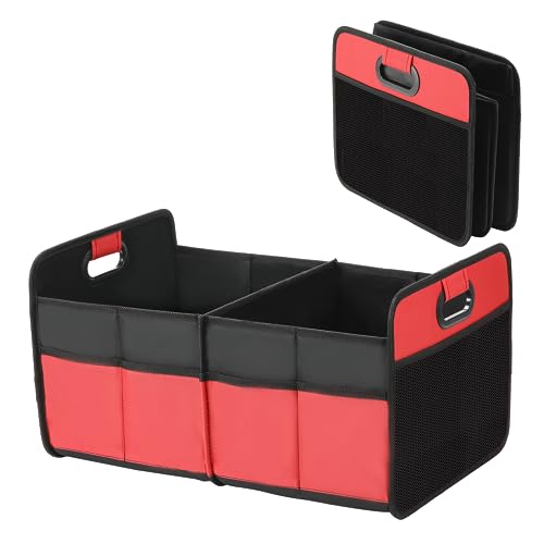 2 Compartments Car Trunk Organizer, 600D Waterproof Oxford Polyester Car Storage, Anti-slip 14" D x 22" W x 12" H Collapsible Trunk Storage, Suitable for SUV, Minivan, Truck, Red