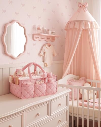 Baby Diaper Caddy Organizer, Nursery Basket, Bow Light Pink - view 2
