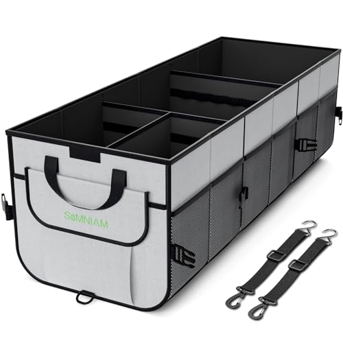Car Trunk Organizer with Insulated Grocery Bag- 110L High Capacity Car Storage Box, with 4 Compartments, Reflective Strip, Cover, for Auto, SUV, Truck, Minivan