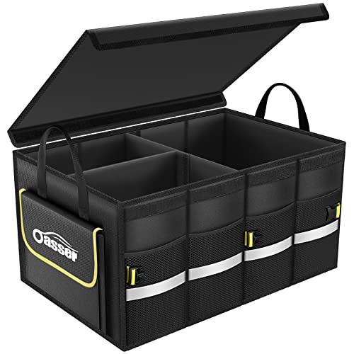 Car Trunk Organizer with Foldable Soft Lid, 55L 3 Compartments Black