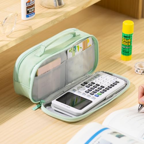 Large Capacity Pencil Case Pen Pouch Organizer Canvas Pencil Bag with Handle School Supplies for Teen Girls-Green - view 2
