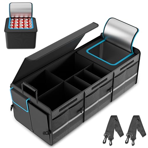 Car Trunk Organizer - 2.5mm PP Board Built, 35L Leakproof Cooler, 105L Capacity, 2 Tie-Down Straps, 4 Adjustable Dividers, Foldable Design for SUVs, Trucks, and Cars
