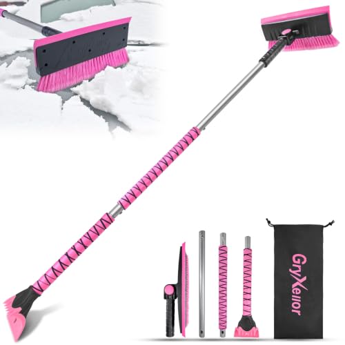 57 Inch Snow Brush & Broom with Ice Scraper for Car Truck Windshield, Pink