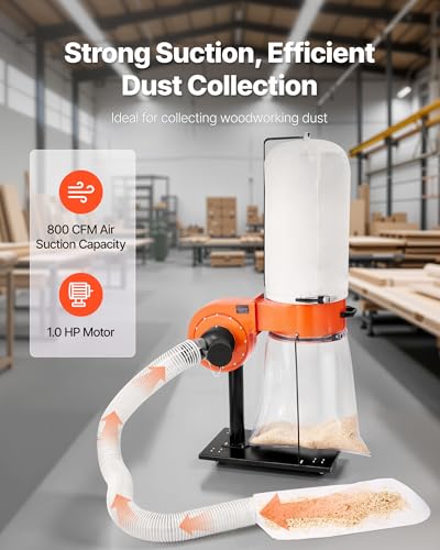 Dust Collector, 800 CFM 2.5 Micron Vortex Cone Dust Collectors, 1HP Sawdust Collection System with 16-Gallon Large Capacity Dusts Collector Bag, Filter Bag, and Casters, 3400 RPM High Speed - view 2