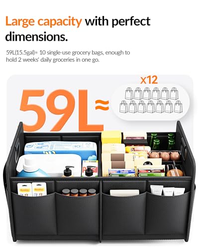 Car Trunk Organizer for SUV, 15.5Gal Large Capacity No-Sag Heavy Duty, Foldable Waterproof Anti-Slip Storage with 12 Pockets, Fit Sedan,Truck, Universal Car Accessories, Black, 2 Compart,Medium - view 5