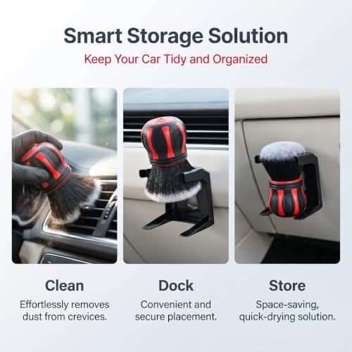 Car Detailing Brush, 5.12" x 2.76" Spherical Soft Bristles Interior Detail Brush with Storage Rack, Waterproof Portable Cleaning Tool for Dashboard Air Vents, Universal for Most Cars (Red) - view 7