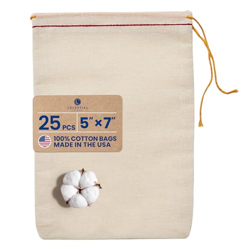 100% Cotton Drawstring Muslin Bags, Medium 5x7, 25 Pcs