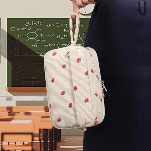 Big Capacity Pencil Case Pencil Pouch Pen Case School Supplies Cute Pencil Box Pencil Bag for Teen Girls Boys Women Man (Strawberry Beige) - view 6