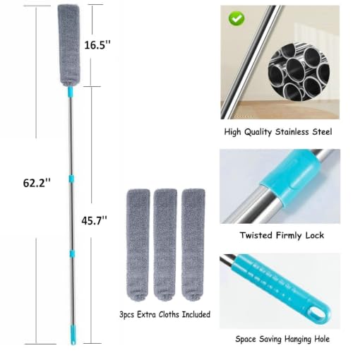 Retractable Gap Dust Cleaner Cleaning Tools with 3 Microfiber Dusting Cloths Long Handle 62.2inches Washable and Retractable Duster Brush for Cleaning Under Appliances Furniture Couch Fridge - view 4
