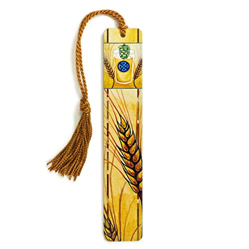 Beer Hops and Barley Wooden Bookmark | Craft Beer Art for Beer Lovers by Christi Sobel | Handmade Wood Bookmark with Copper Collegiate-Style Chainette Tassel | Made in the USA