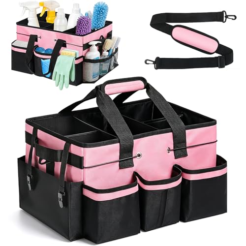 Wearable Large Cleaning Caddy Bag with Dividers, Household Cleaning Caddy for Cleaning Supplies Organizer Car Wash, Cleaner Tote Detailing Bag with Shoulder Strap and Handles for Housekeeper Storage
