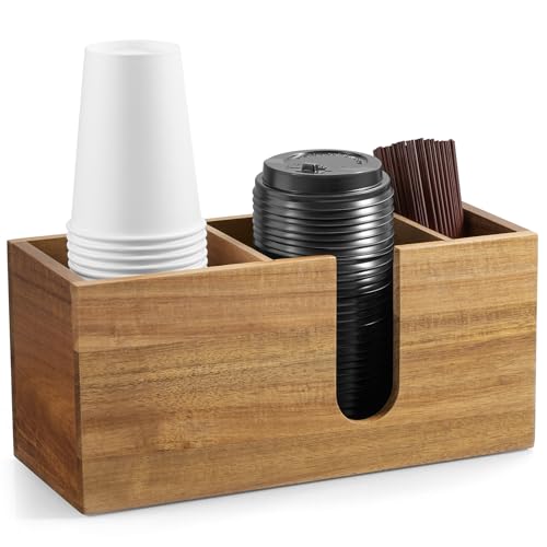 Large Acacia Wood Coffee Cup Organizer for Disposable Cups, Lids and Stir Sticks - 3-Compartment Countertop Cup Holder Storage Rack for Coffee Station, Kitchen, Office