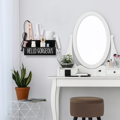 Hair Tool Organizer, Wooden Hair Dryer Holder Countertop, Wall Mount Hot Tools Organizer for Hair Styling Accessories, Bathroom Supplies Vanity Caddy for Curling Wand, Blow Dryer, Black - view 7