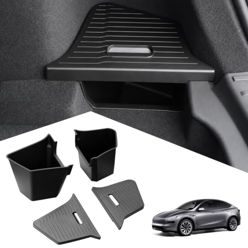 Rear Trunk Storage Bins for 2025-2026 Tesla Model Y Juniper, TPE Side Cargo Organizer Boxes with Lids, Waterproof Anti-Rattle Trunk Storage Accessories for 5-Seater, Black