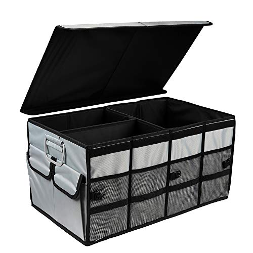 Car Trunk Organizer Collapsible Portable Multi Compartments Organizer with Non Slip Straps for SUV Truck Auto Vehicle Car Auto Minivan (Large Covered, Space Gray)