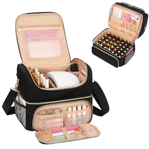 Nail Polish Organizer & Storage Bag for 48 Bottles & Full-Size Lamp, Double-Layer Travel Case Box for Nail Supplies, Manicure Kit & Pedicure Tools (Black, 48 Slots)